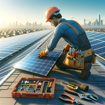 A solar equipment installer working on a rooftop, surrounded by solar panels under a clear blue sky.